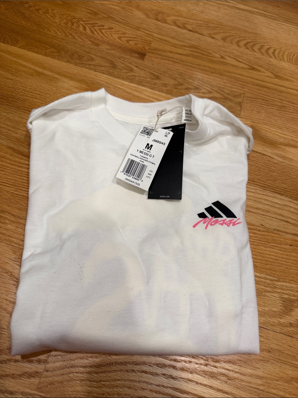 adidas Messi White Short Sleeve Tee with Black and Pink Logo